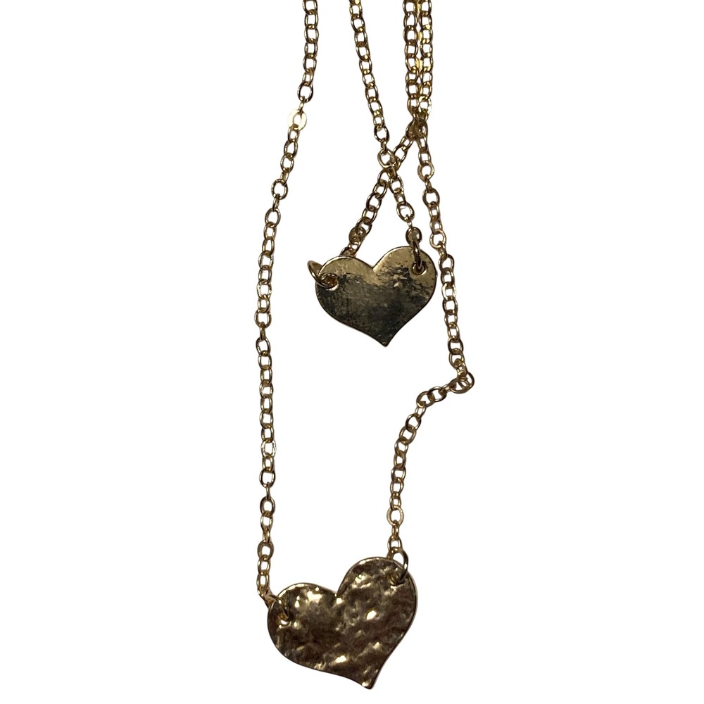 Hammered‎ Gold Tone Double Layer Heart Pendant Necklace Romantic Layered Chain